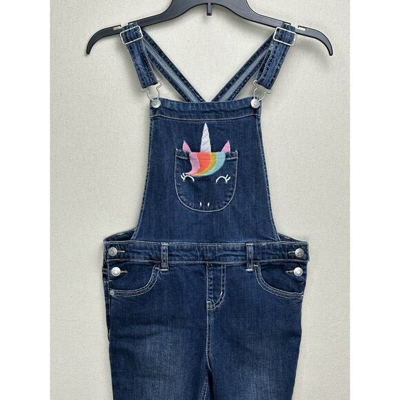 Cat & Jack Girls Distressed Blue Stretch Denim Bib Overalls Large 10-12 Unicorn - Picture 1 of 16